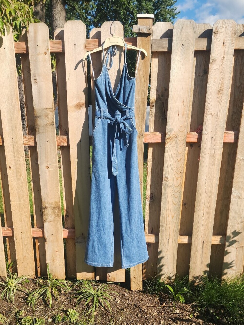Lulu's Light Blue Denim Wide-Leg Jumpsuit with Tie Waist, Zipper Back
